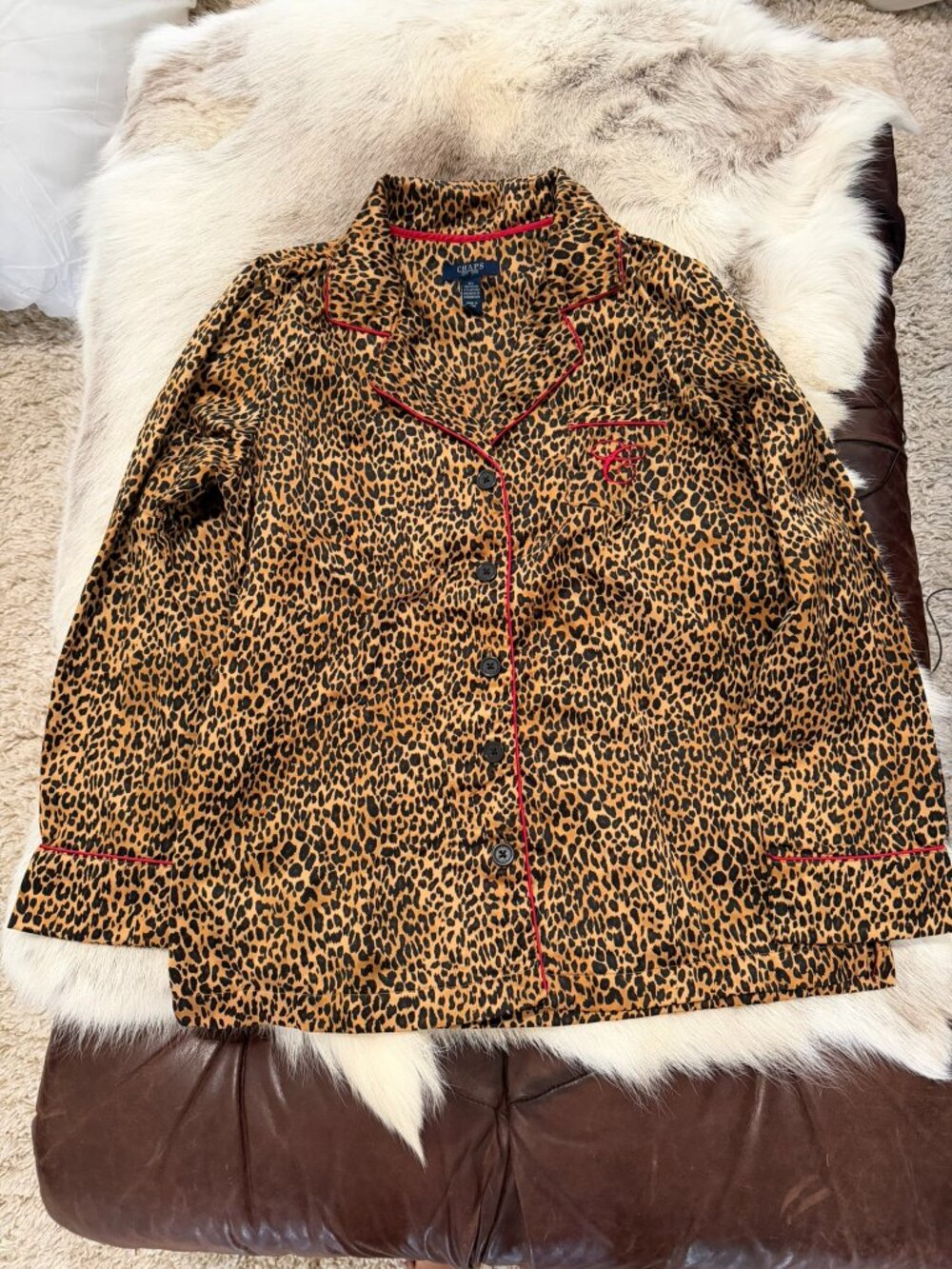 Chaps Satin Leopard Print with Red Trim Pajama Set Size M